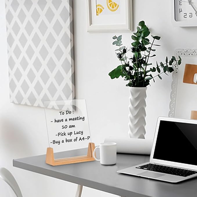 Acrylic Dry Erase White Board with Solid Wood Base, Clear Desktop Whiteboard Memo Board, Desktop Writing Note Pad, Mini Acrylic Board for Tabletop Display(Rustic Base,Acry)