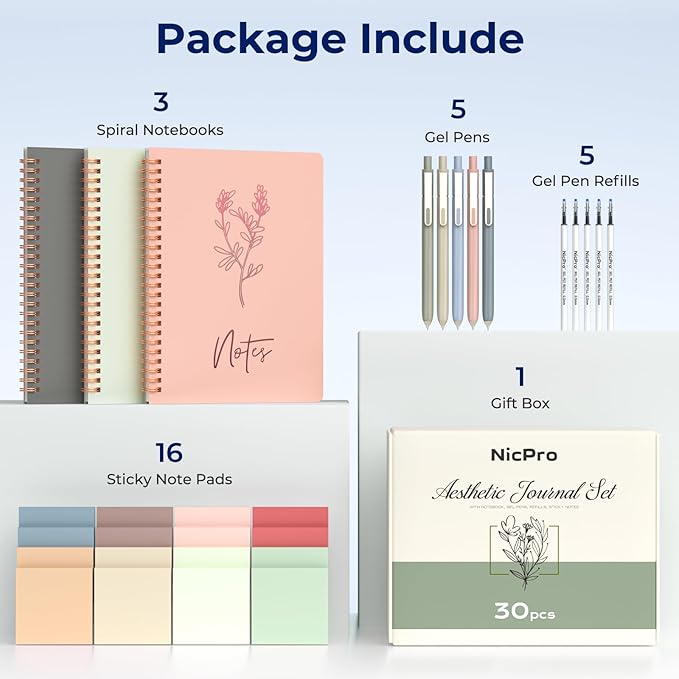 Nicpro Cute Spiral Notebook Stationary Set For Women, Bible Journal Set, 3PCS A5 Spiral Notebook, 5 Gel Pens, 5 Refills, 800 Sticky Notes, Gift Box, Aesthetic Gift Set for Study Office School Supplies