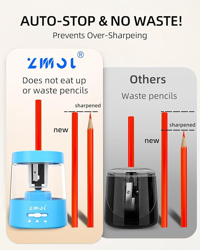 ZMOL Colored Pencil Electric Sharpener, Auto Stop, Plug-in Small Electric Sharpener Battery Powered for 6-8mm No. 2 Pencils Blue