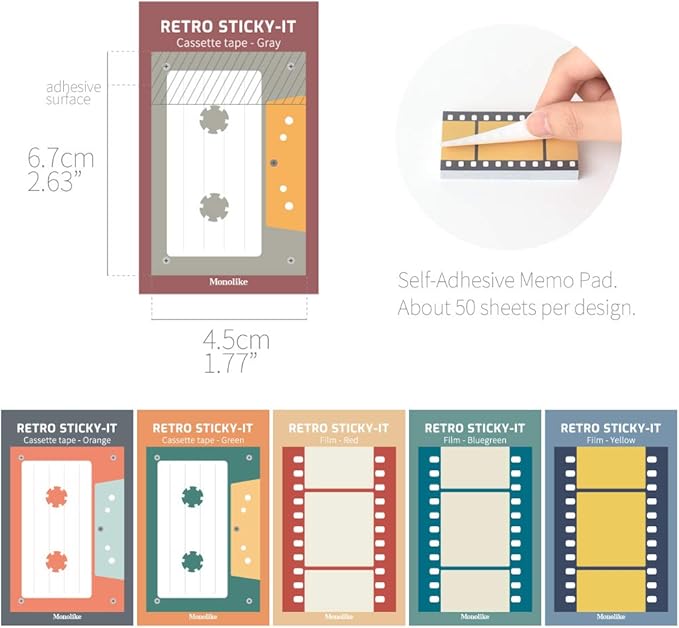 Monolike Retro Cassette Tape + Film Sticky-It 6p Set - Self-Adhesive Memo Pad 50 Sheets, Daily Sticky, Diary, Memo