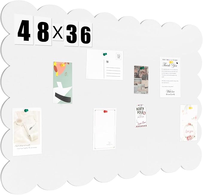 Mooliwe Scalloped Felt Bulletin Board 48 x 36 Inches Foldable White Pin Cork Board Alternative for Wall, 4' x 3' Trifold Picture Vision Self Adhesive Bulletin Decorative