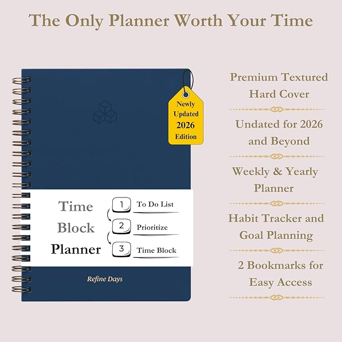 Undated Daily Planner - Time Blocking Planner & ADHD Planner. To Do List, Hourly Schedule, Daily and Monthly Agenda. Time Management & Productivity Planner. Spiral Hardcover Notebook. A4.