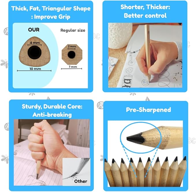 Toddler Pencils Thick Flat Jumbo Triangular Shape for Writing Beginners, Preschoolers, Early Learners, and those with Special Needs. Sets of 10 natural wood pencils with a wood sharpener and eraser