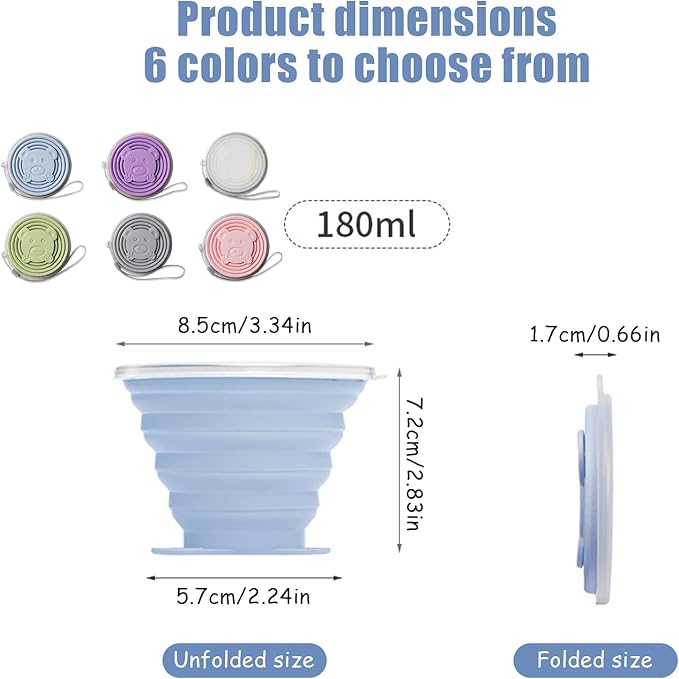 Silicone Collapsible Travel Cup, 6 Pcs Silicone Folding Camping Cup with Lids - Expandable Drinking Cup Set - Portable - 6.09oz (180ml)