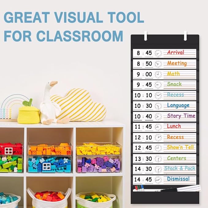 TOGETRUE Classroom Schedule Pocket Chart, Double Sided Daily Schedule with 18 Erasable Cards, 13+1 Pockets, Visual Pocket Chart for Classroom, Home, Office, 35.5" X 13"