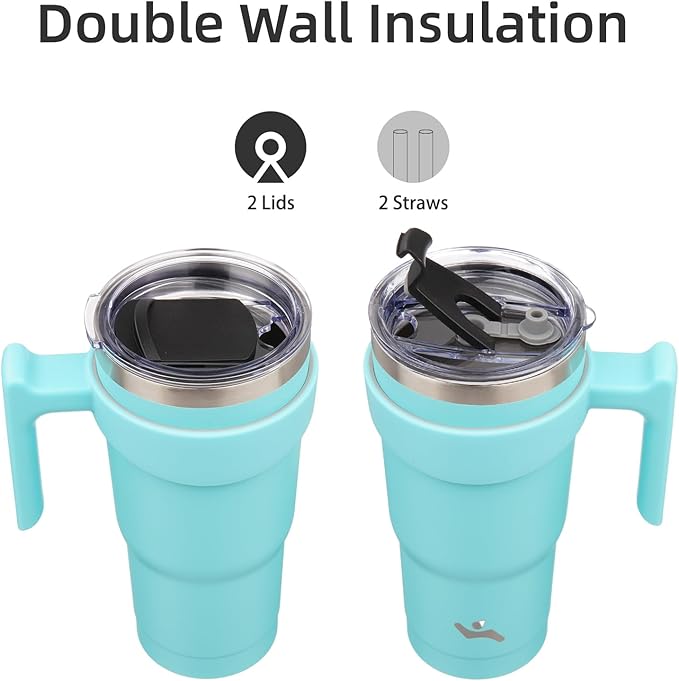 Konokyo 20 oz Tumbler with Handle and 2 Straw 2 Lid, Insulated Water Bottle Stainless Steel Vacuum Cup Reusable Travel Mug,Turquoise