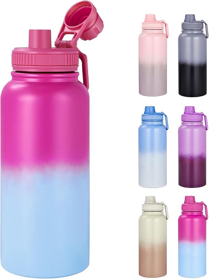 Gulex Motivational Water Bottle 32oz with Time Marker- Leakproof & BPA Free Sports Water Bottle with Straw & Carry Strap for Gym, Travel and Outdoor Sports (Stainless steel insulation-PurpleBlue)