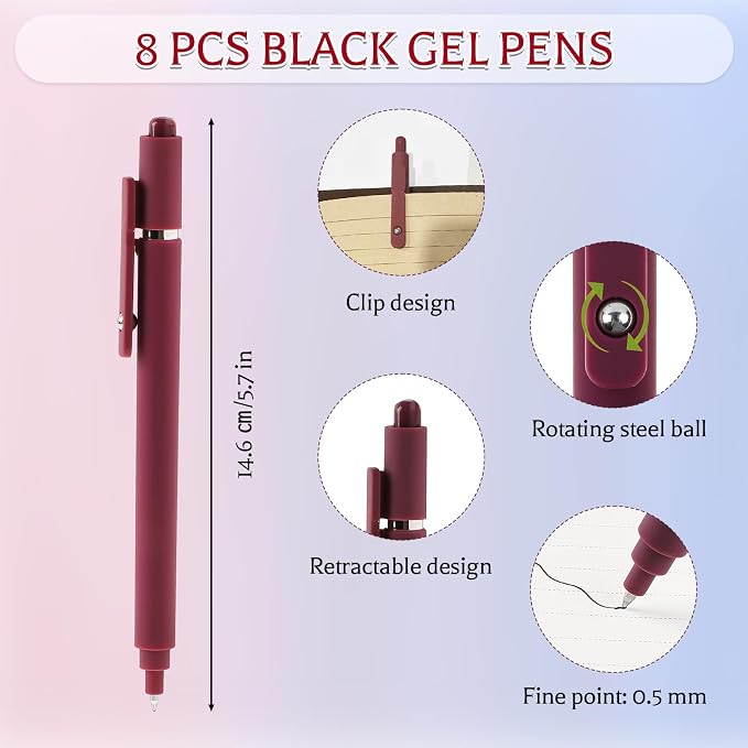 Thboxes 8 Pack Gel Pens for Journaling, 0.5mm Fine Tip Retractable Black Ink Pen - Smooth Writing for Note Taking, Office & School Supplies, Journaling Supplies for Women Teachers Nurse Gifts