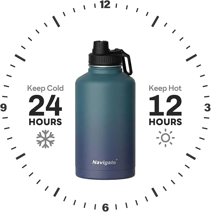 Navigate 64 oz Insulated Stainless Steel Sports Water Bottle with Spout & Handle Lids,Wide Mouth Water Jug with Double Walled Leak Proof Keep Cold for 24 Hrs Hot for 12 Hrs, Blue Gradient