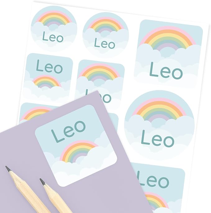 Camp Name Labels for Kids (33) – Custom Waterproof Stickers for Water Bottles, Lunch Boxes, Daycare & School with Unique Designs - Rainbow