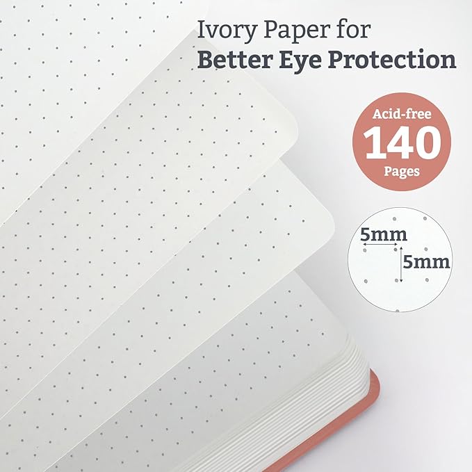 Bullet Dotted Journal Hardcover Notebook, A5 140 Pages 120Gsm Thick Paper for School,Note Taking,Work,Diary，5.7''*8.3'',Blush