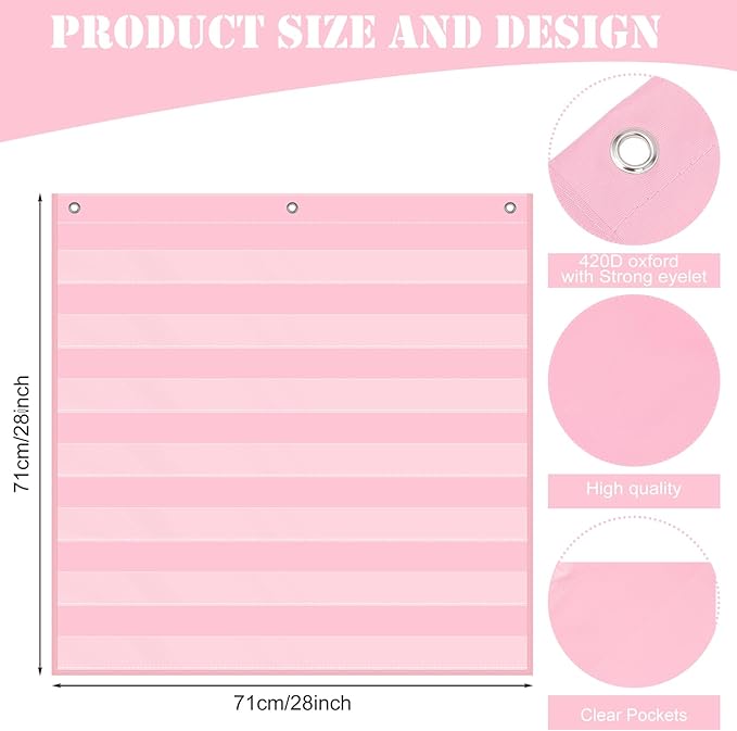 Standard Pocket Chart 28 x 28 Inches Transparent 7 Pocket Charts for Walls Letter Word Cards Sentence Strips School Classroom Supplies Home Back to School Teacher Gifts(Pink)