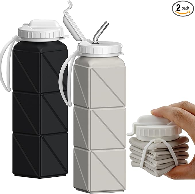 BEAUTAIL Collapsible Water Bottles with Straw 21 oz, Travel Water Bottle | BPA Free, Leakproof & Reusable, Silicone Foldable Water Bottle for Traveling, Hiking, School, Sport, 2-Pack, Black+Starlight