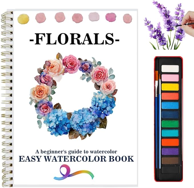 Watercolor Workbooks Coloring Book Beginner Friendly Painting Kit Easy Nature Scenes Paint Set Art Crafts for Creative Exploration Gift for Adults (Flowers, with Palette)