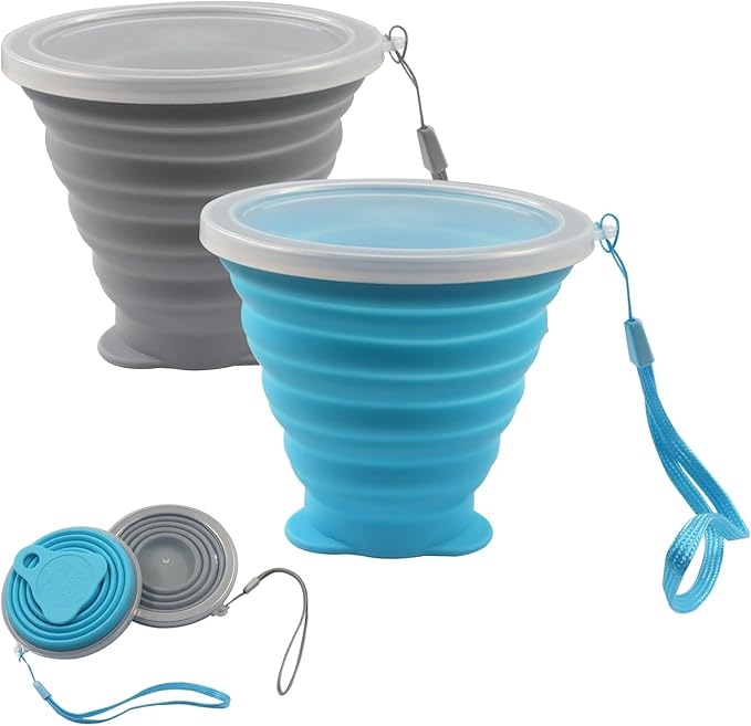 Bonsicoky 2 Pack Collapsible Cup, Folding Travel Mug with Lid, 270ml Portable Cup for Hiking, Camping, Outdoor & Daily Use, Blue and Gray (Collapses to 0.55 Inch)