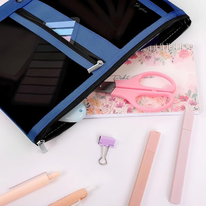 SKYDUE Pencil Pouch for 3 Ring Binder, 3 Pockets and Mesh Window | Zipper Pencil Pouch Pencil Bag with 3 Reinforced Grommets, Durable Organizer for School Supplies, Cables, Earbuds, Makeup