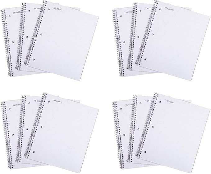 Mintra Office Durable Spiral Notebooks, 1 Subject, (White, Wide Ruled 12pk), 100 Sheets, Poly Pocket, Moisture Resistant Cover, School, Office, Business, Professional