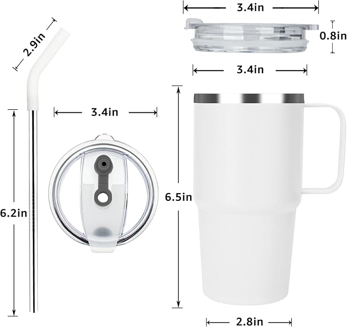 Sursip Insulated Coffee Mug with Handle and Lid, 24 oz Double Wall Vacuum Travel Thermal Coffee Tumbler with Straw for Home, Office Stainless Steel Coffee Cup - Leak proof, BPA Free (White-1 Pack)