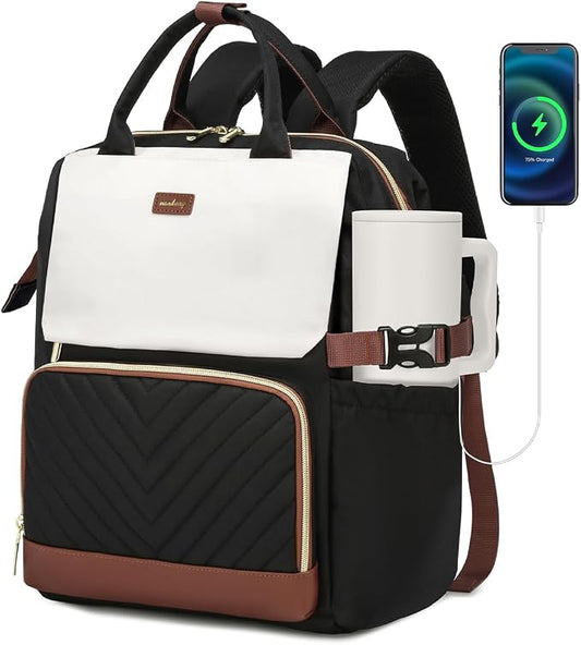 18in Computer Backpack for Women, Work Bag Laptop Bookbag with Cup Holder & USB Charger for Teacher Nurse College Travel Back Pack, Gifts, BlackWhiteBrown