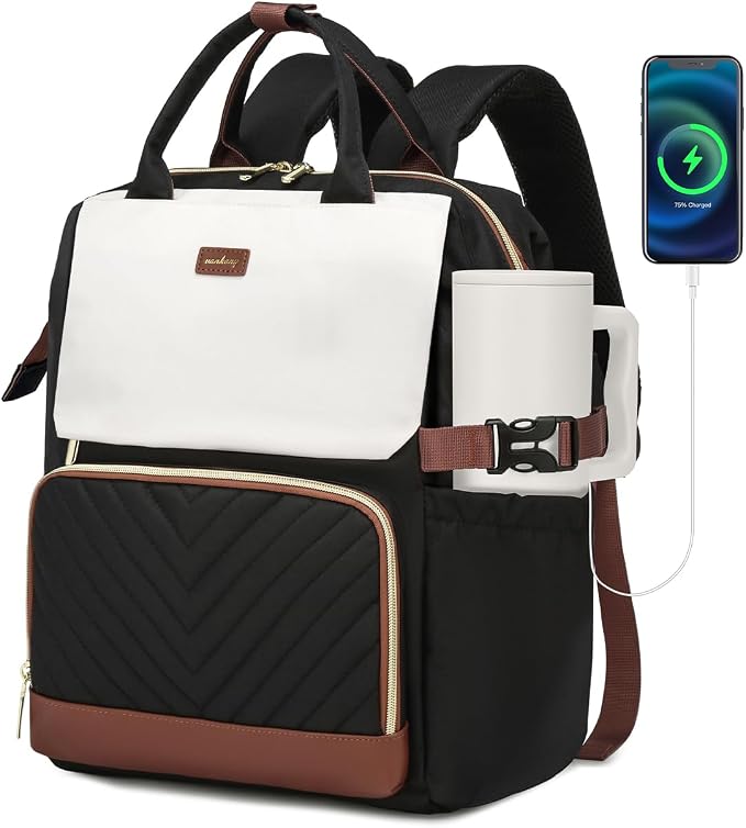 Bookbag for Women Laptop Backpack 17.3in, Teacher Nurse Work Bags with Cup Holder & USB Charger for Travel Business, College Back Pack for Teens, BlackWhiteBrown