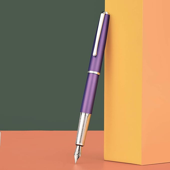 Hongdian 920 Purple Metal Fountain Pen, Steel Fine Point Classic Pen, Includes Refillable Converter and Pen Pouch