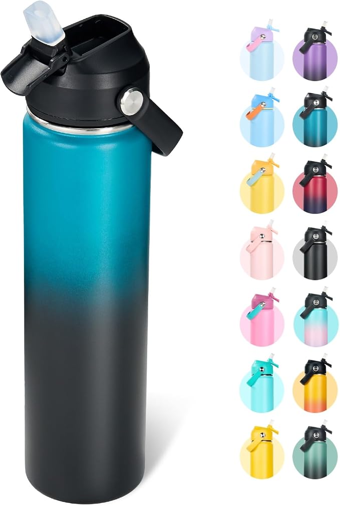 Fijinhom 24oz Insulated Stainless Steel Water Bottle, Wide Mouth Double Wall Vacuum, Silicone Straw, Sweat & Leak Proof, BPA Free Insulated Water Flask for Travel, Keep Cold 24h Hot 12h, Blue