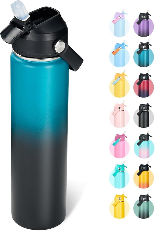Fijinhom 24oz Insulated Stainless Steel Water Bottle, Wide Mouth Double Wall Vacuum, Silicone Straw, Sweat & Leak Proof, BPA Free Insulated Water Flask for Travel, Keep Cold 24h Hot 12h, Blue