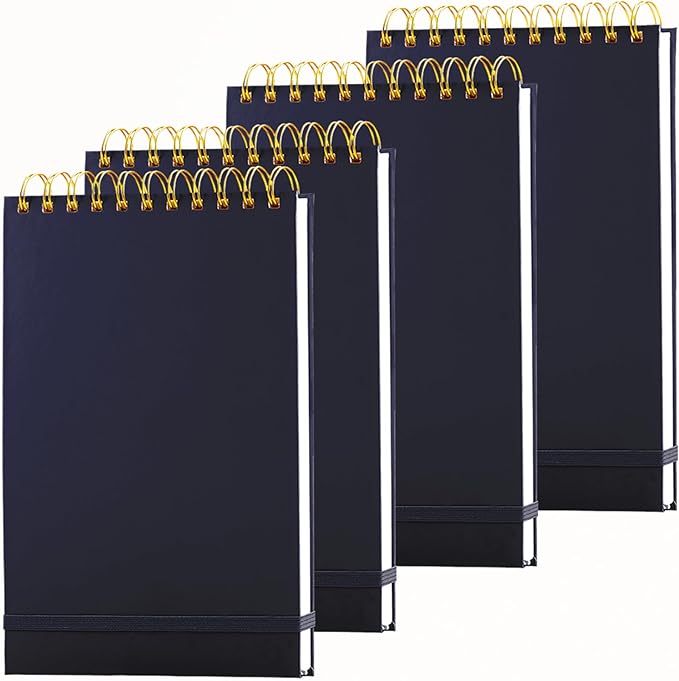 4 Pack Thick Superhard Cover A5 Top Steno Pads Spiral Notebook,Top Bound Notebooks Spiral 4x160 Pages, Inner Pocket College Ruled, Hardcover Steno Pads, Left-Handed Spiral Notepads for Work Black