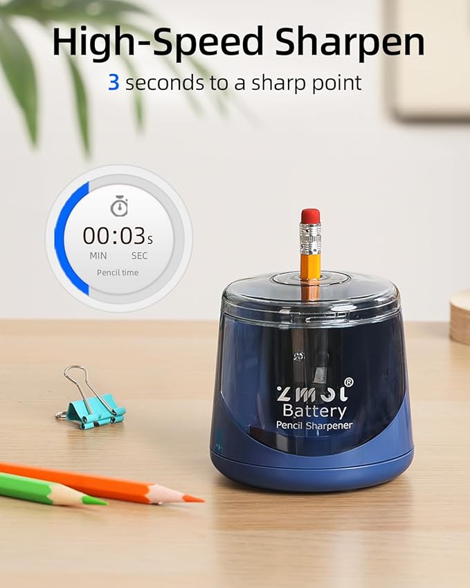 ZMOL Battery Powered Electric Pencil Sharpener,Small Battery Operated Colored Pencil Sharpeners Portable for Kids,Fast Sharpen, Suitable for No.2/Colored (6-8mm), School/Classroom/Office/Home Blue