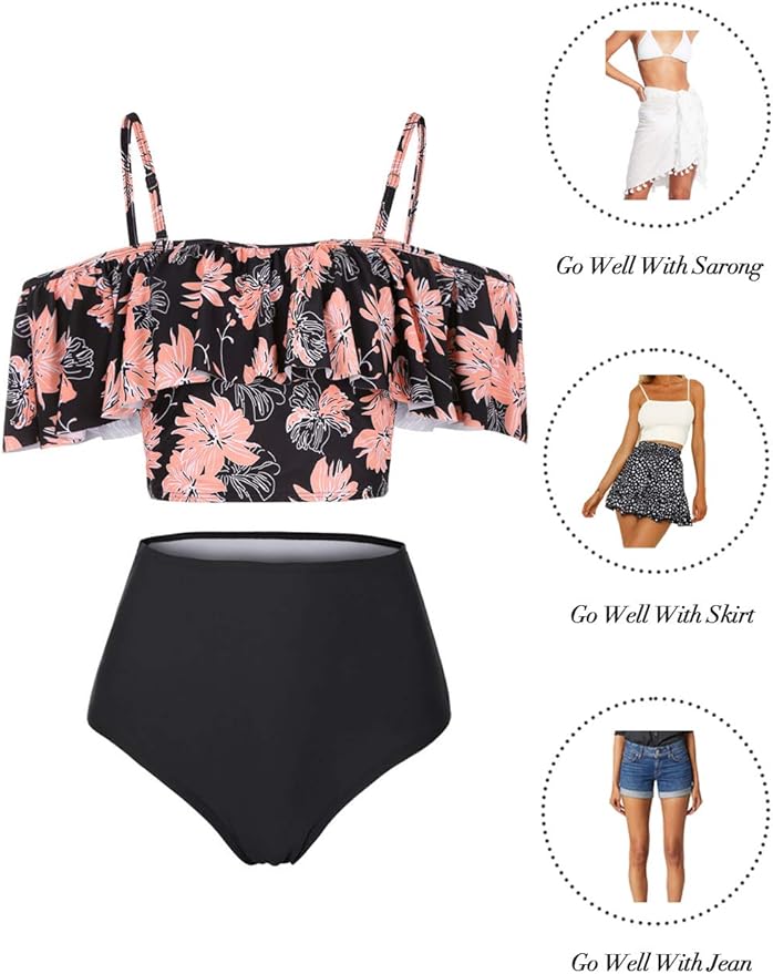 Kaei&Shi High Waisted Flounce Bikini Set,Tummy Control Swimsuits for Women,Off Shoulder