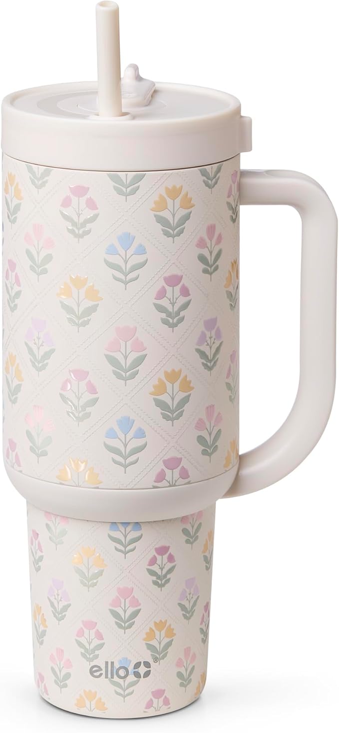 Ello Oasis 40oz Tumbler with Handle & Retracting Straw | Reusable Insulated Stainless Steel Cup 100% Leakproof | Gifts for Teens Women | Keeps Cold for 24 Hours | Cup Holder Friendly | Flower Quilt