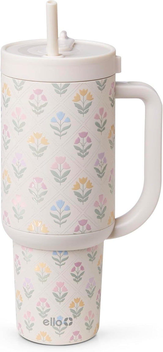 Ello Oasis 40oz Tumbler with Handle & Retracting Straw | Reusable Insulated Stainless Steel Cup 100% Leakproof | Gifts for Teens Women | Keeps Cold for 24 Hours | Cup Holder Friendly | Flower Quilt