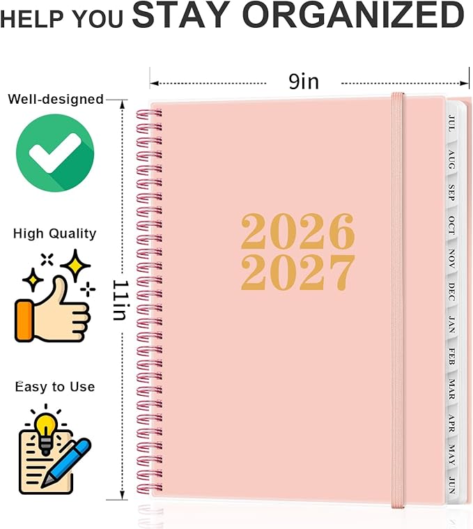 Planner 2026-2027 - Academic Planner from July 2026 to June 2027, Weekly & Monthly Planners Spiral Bound with 12-Month Tabs, Inner Pocket, 8.5" x 11", Pink