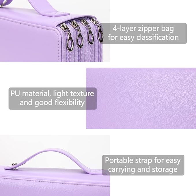 Vomgomfom 200 Slots Pencil Bag, 4-Layer Zipper Portable Art Supply Organizer, PU Leather Large Capacity Colored Pencil Case with Handle for 200 Watercolor Pens, Gel Pens (Purple)