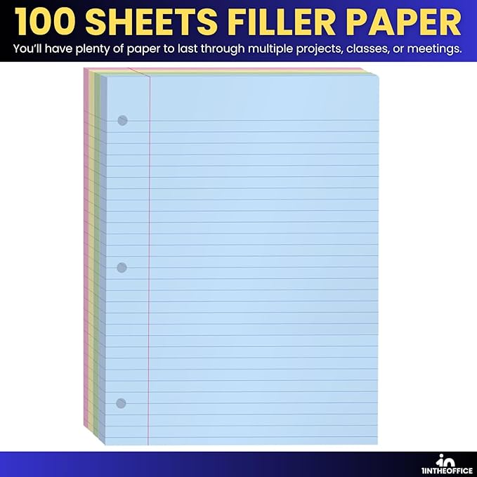1InTheOffice Colored Notebook Paper, 8.5x11 Wide Ruled Lined Loose Leaf Paper, Pastel Colored, 100 Sheets