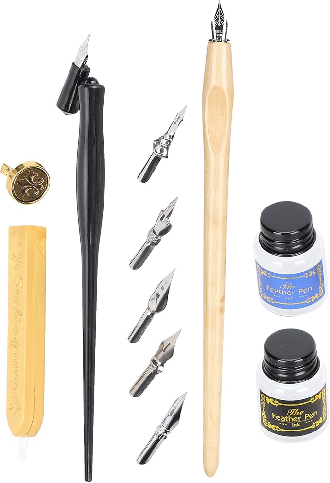 Wood Handle Calligraphy Pen Set, Fountain Dip Pen with 5 Nibs, Ink Writing Tool Kit for Beginners, Includes Wax Seals Stamp and Empty Ink Bottles for Artistic Painting and Letterin (Three-Ear