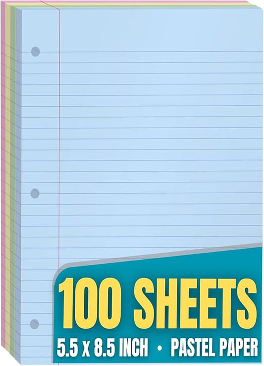 1InTheOffice 5.5 x 8.5 Paper, Pastel, College Ruled Mini Binder Paper, Loose Leaf Paper, Assorted Color, 100 Pack