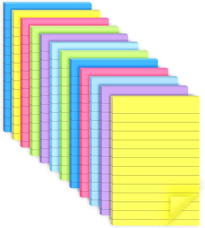 12 Pack Lined Sticky Notes 4x6 in Bright Colors Self-Stick Note Pads with Lines, Colorful Bulk Sticky Memo Pad for School, Office, Meeting