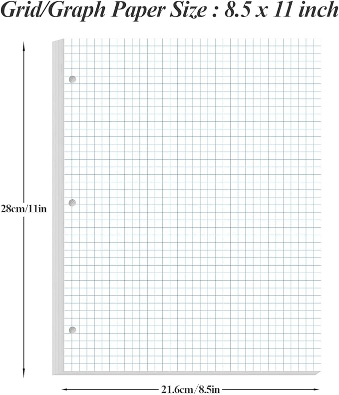 (3-Pack) A4 Grid Filler Paper - 3-Hole Graph Paper, Letter Size 300Sheets / 600Pages Loose-Leaf Paper, 100gsm White Paper, 8.5'' x 11''