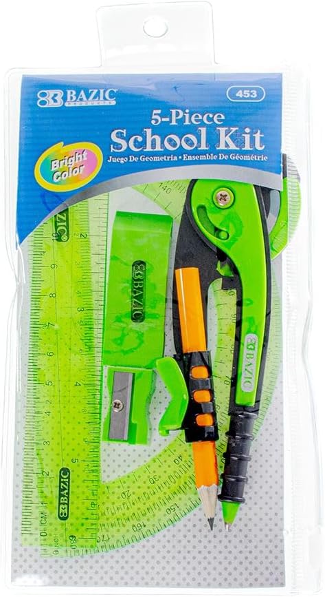 Craft County 5 Piece School Kit with Zipper Pouch – Geometry and Math Tool Set – Available in Blue, Green, Pink, and Purple