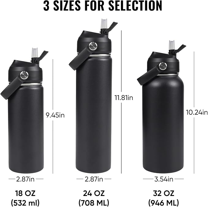 Fijinhom 18oz Insulated Stainless Steel Water Bottle, Wide Mouth Double Wall Vacuum, Silicone Straw, Sweat & Leak Proof, BPA Free Insulated Water Flask for Travel, Keep Cold 24h Hot 12h, Black