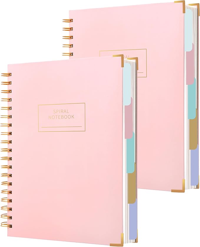 Yoment 2 Pack 5 Subject Notebook College Ruled, Hardcover Spiral Notebooks for Work School, B5 Multi Subject Notebook with Tabs Dividers, 240 Pages Lined Journal for Women Men, Pink&Pink