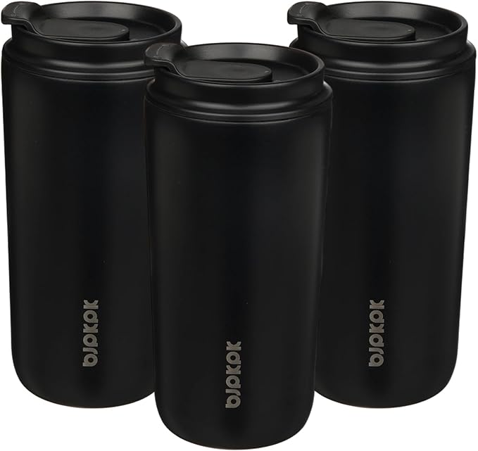 BJPKPK 3 Pack 16oz Travel Coffee Mugs, Insulated Stainless Steel Tumblers with Leak-Proof Lids, BPA Free, Dishwasher Safe Bulk Tumbler Set for Gifts & Daily Use,Black