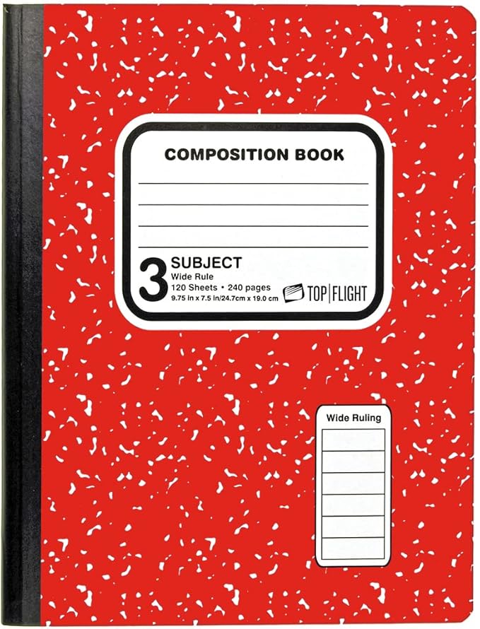 Top Flight 3-Subject Colored Marble Composition Book, 120 Sheets, Wide Rule, 9.75 x 7.5 Inches, 1 Book, Cover Color May Vary (43200)
