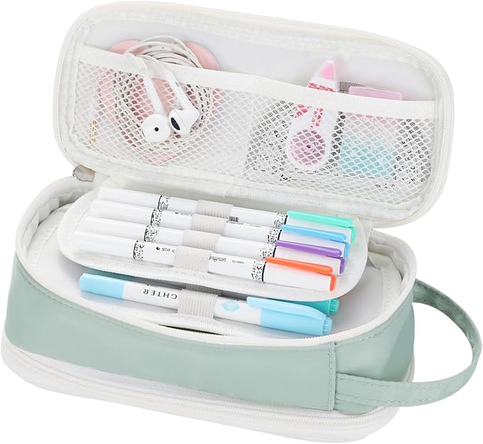 Dugio Large Pencil Bag for Girls School Organizer Pencil Case Big Green | Teens Kids Zipper Pencil Pouch Aesthetic Pencil Box for School Supplies, Wear-resistant Fabric, Thick Multi-layer Fabric