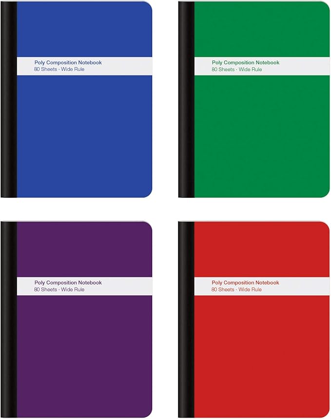 Oxford Poly Composition Notebook 4 Count(Pack of 1), Wide Ruled Paper, 9-3/4 x 7-1/2 Inches, 80 Sheets, Assorted Colors: Blue, Green, Purple, Red (64959)