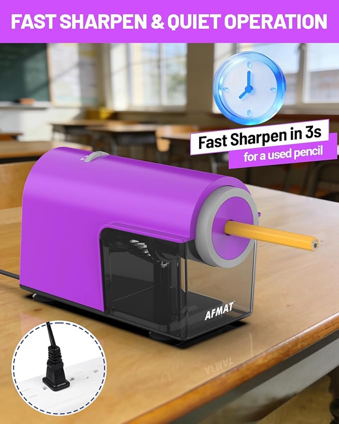 AFMAT Electric Pencil Sharpener, Fully Automatic Pencil Sharpener for 6.5-10.5mm No.2/Jumbo/Colored Pencils, Auto in & Out, 5 Sharpness Modes, 10000+ Sharpenings for Classroom Home Office,PSC5(Purple)