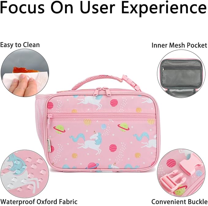 GYEUKHAM Insulated Lunch Box for School, Thermal Reusable Durable Freezable Lunch Bags for Kids Boys Girls Men Women - Small Soft Cooler Portable Lunch Tote Kit for Work Picnic Travel,Pink Unicorn