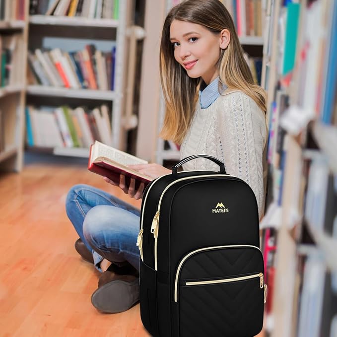 MATEIN Travel Laptop Backpack for Women, Large Water Resistant Nurse Teacher Bookbag, 17 Inch Computer Bag, Stylish Casual Daypack with Leather Handle, Perfect for Office Travel, Black