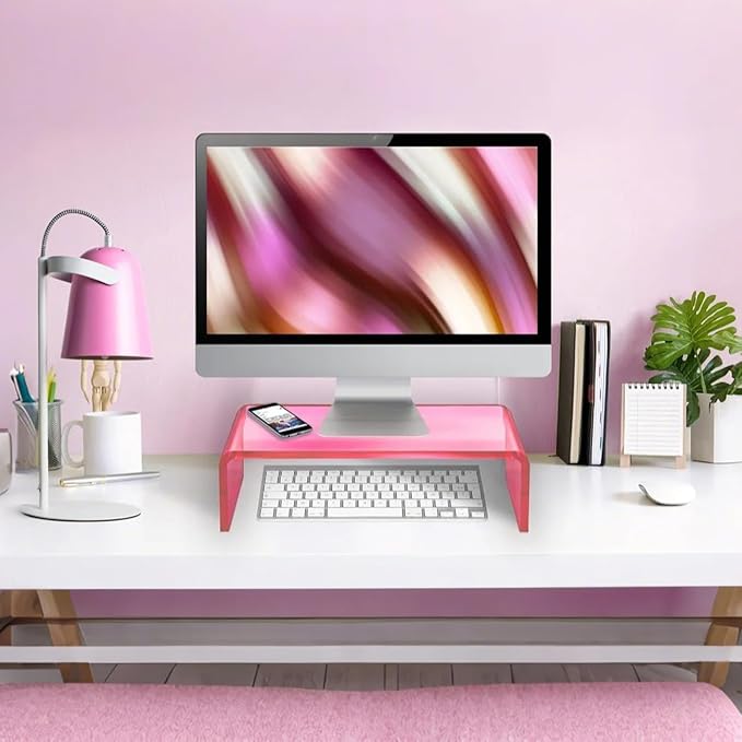 Ergonomic Acrylic Monitor Stand with Storage - Bright Pink Desktop Organizer for Back Pain Relief & Space Saving, Stylish & Modern Desktop Organizer(Home/Office Use)